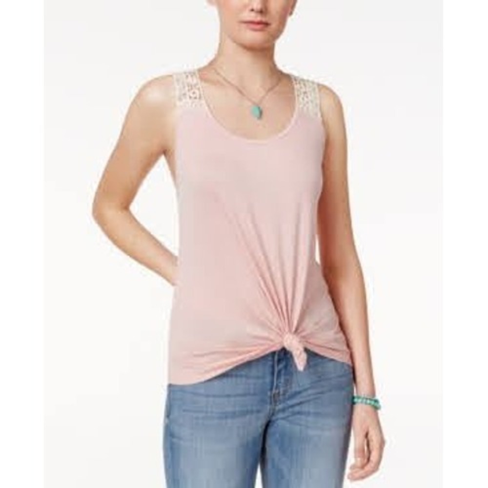 Famous One Blush Pink Crochet Lace Back Front Tie Knot Tank Top XL NWT